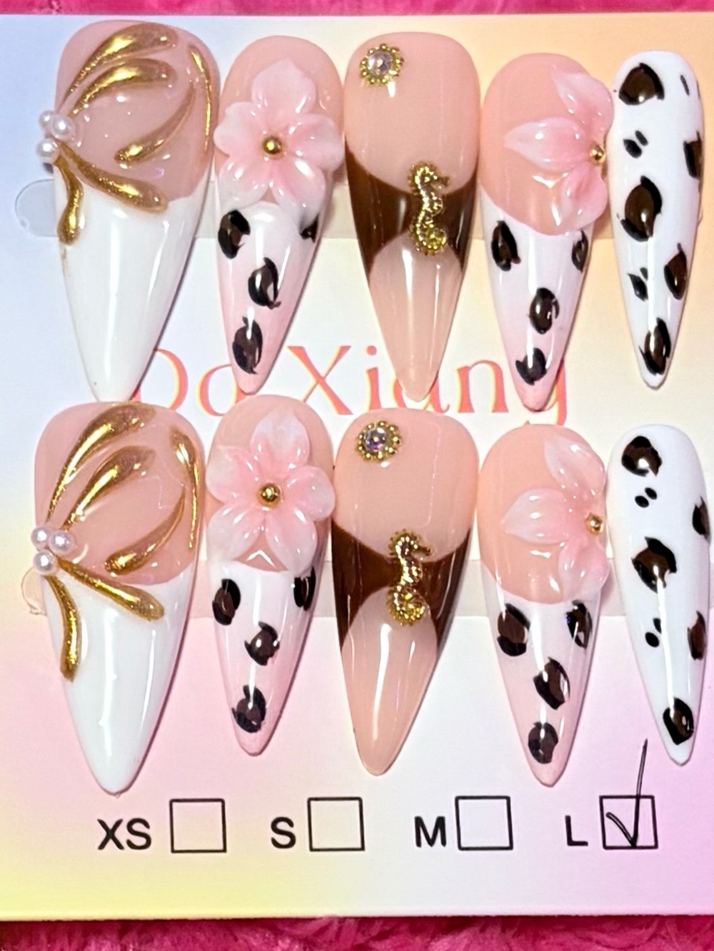 Pink & White Leopard Stiletto Press-On Nails with Gold Accents